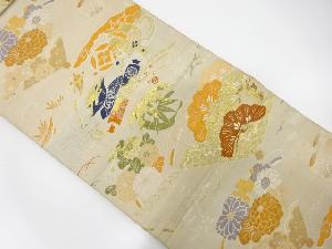 アンティーク　檜扇に宝尽くし・松・笹模様織り出し丸帯(材料)